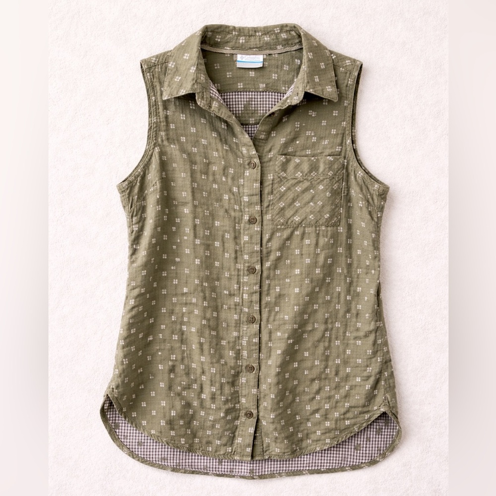 Columbia Sleeveless Button Up Top Green Soft 100% Cotton Small Casual